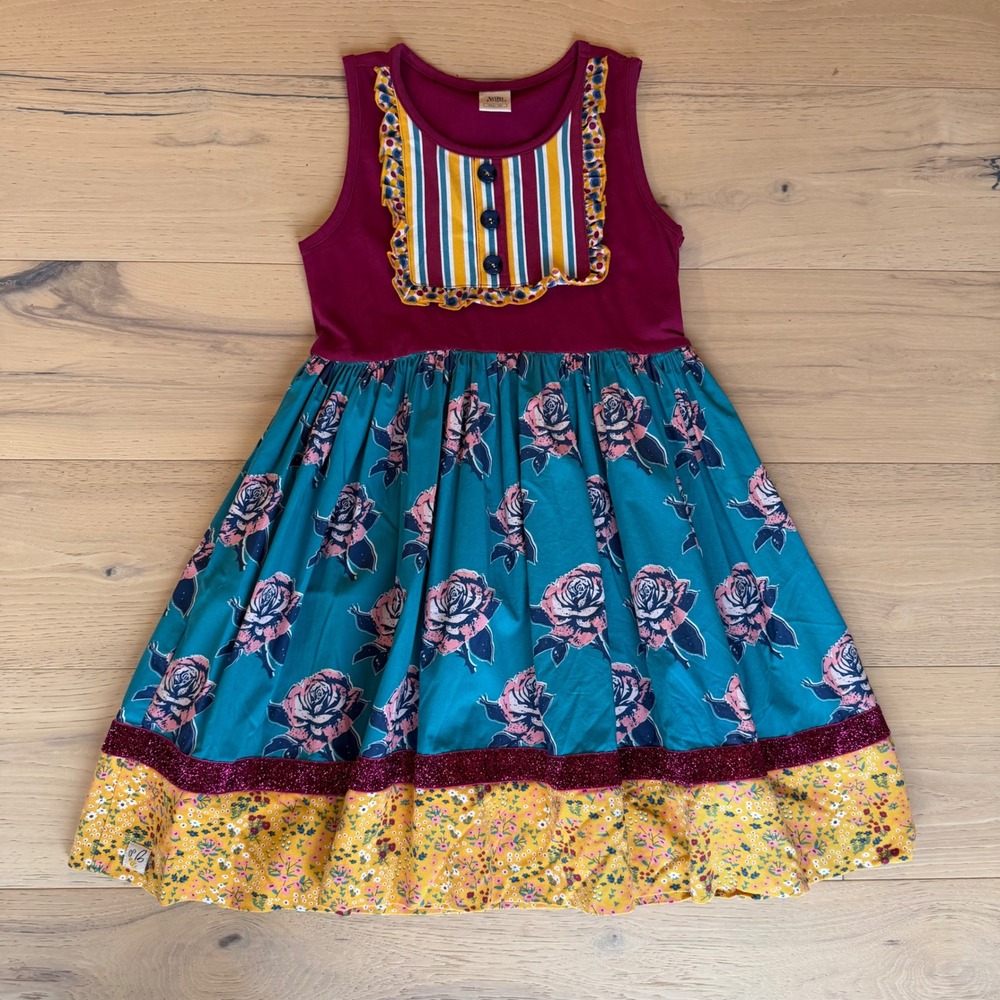 Wildflowers Clothing Girls Mixed Media Floral Stripe Dress Burgundy Teal Size 10